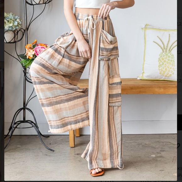 Oli and Hali Pants - OLI & HALI WASHED 3D STRIPE WIDE LEG CARGO PANTS WOMEN’S SUMMER CARGO PANTS #109